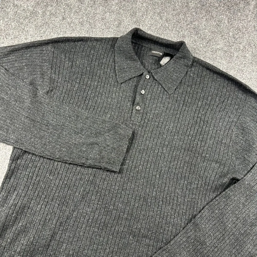Claiborne Polo Sweater Mens XL‎ Charcoal Grey Silk Alpaca Cashmere Ribbed